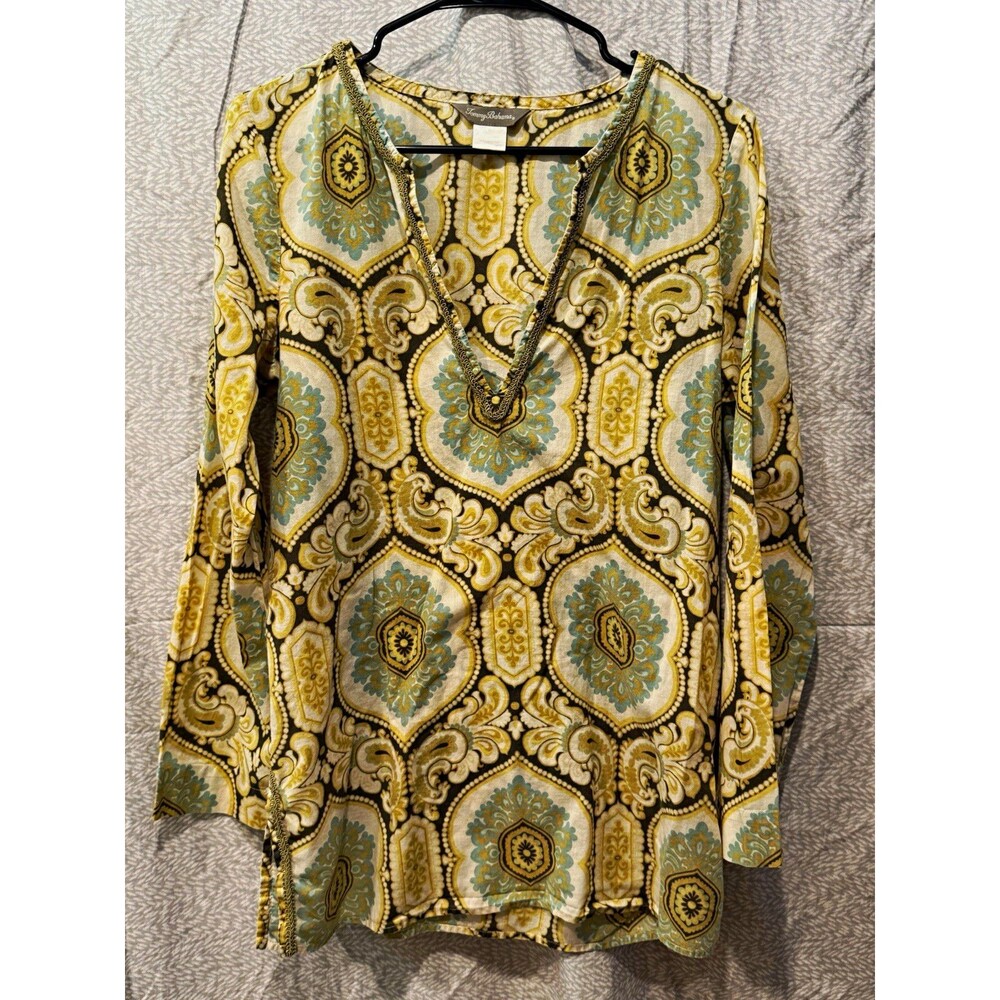Tommy Bahama Women’s Multicolor Paisley V-Neck Long Sleeve Tunic Blouse M